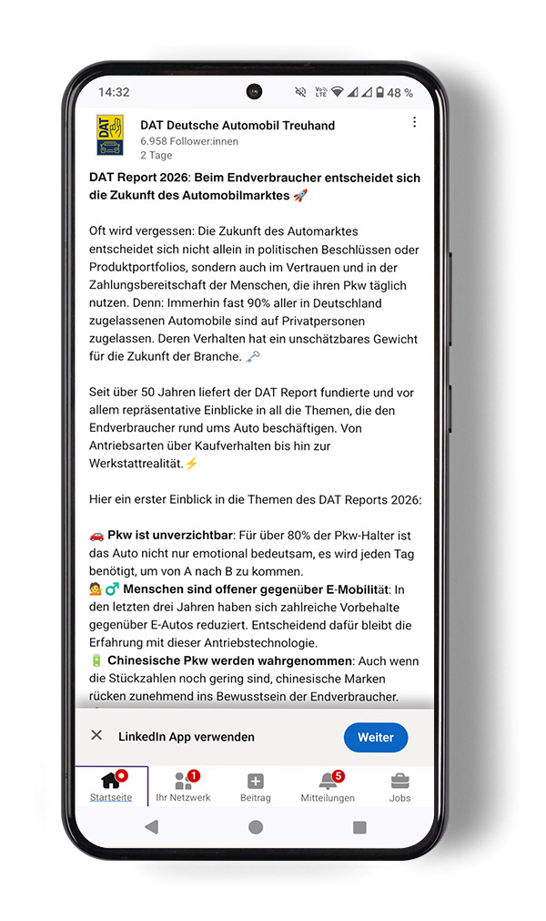 Mockup: Smartphone mit aufgerufenem Beitrag auf LinkedIn zum DAT Report 2026
