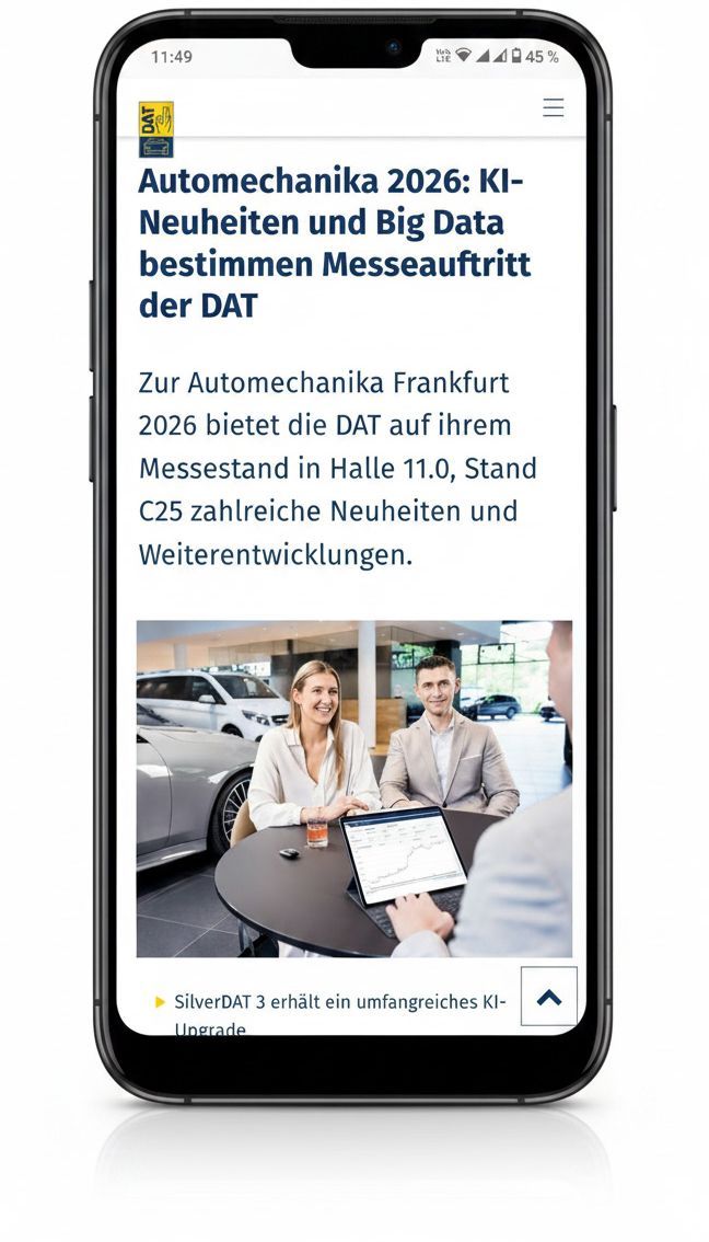 Mockup: Smartphone mit aufgerufner News der DAT zu Engagement auf der Automechanika 2026