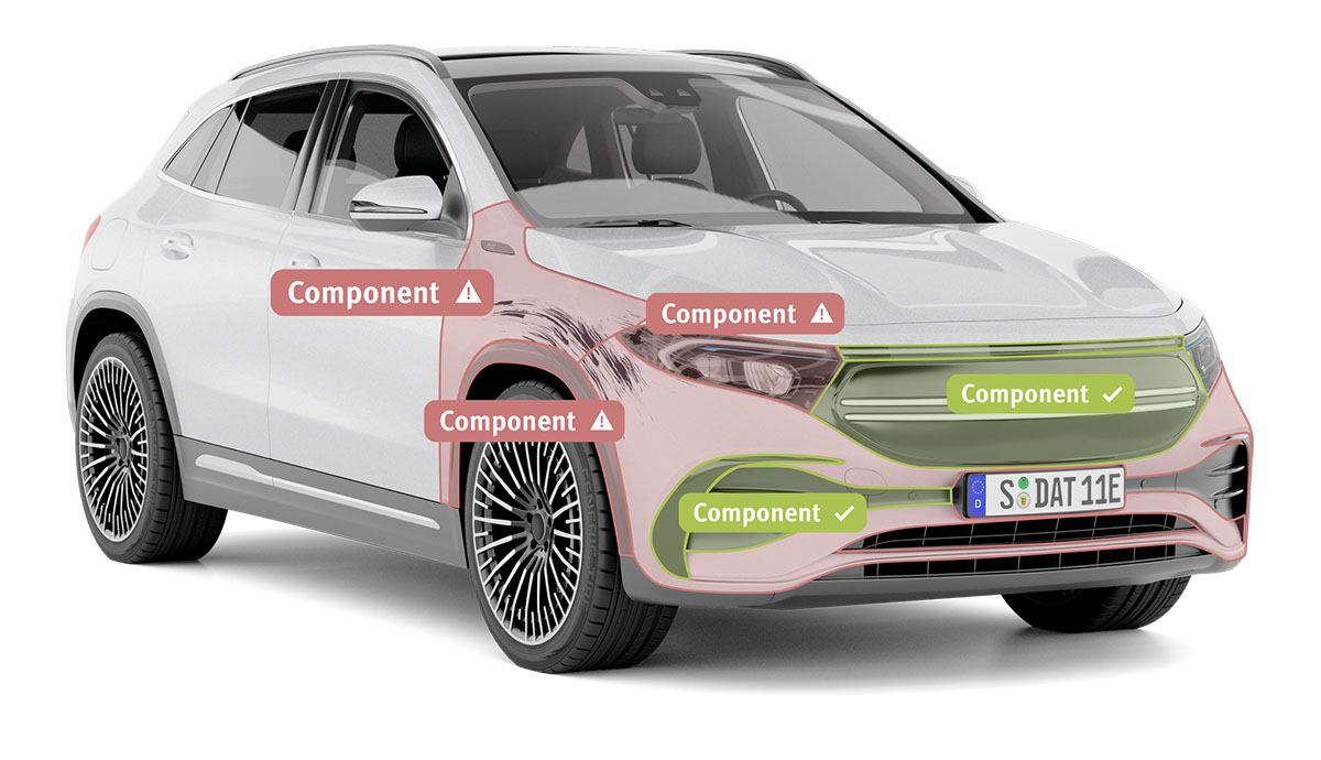 Fahrzeug mit Schaden-Zonen-Grafik aus der Software FastTrackAI, die Unfallschäden via künstlicher Intelligenz anhand von Fotos erkennt